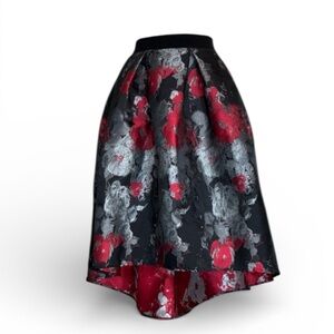 ASHLEY STEWART skirt, hi-lo, abstract floral, red black, metallic silver. 12